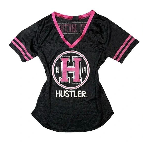 Hustler Jersey Top Womens XL Punk Hot Pink Black Mesh T Shirt Sexy Bad B*tch Y2k - Picture 1 of 7
